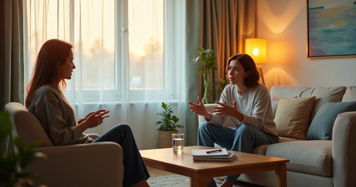 Duas pessoas conversam com calma em sala de estar confortável 