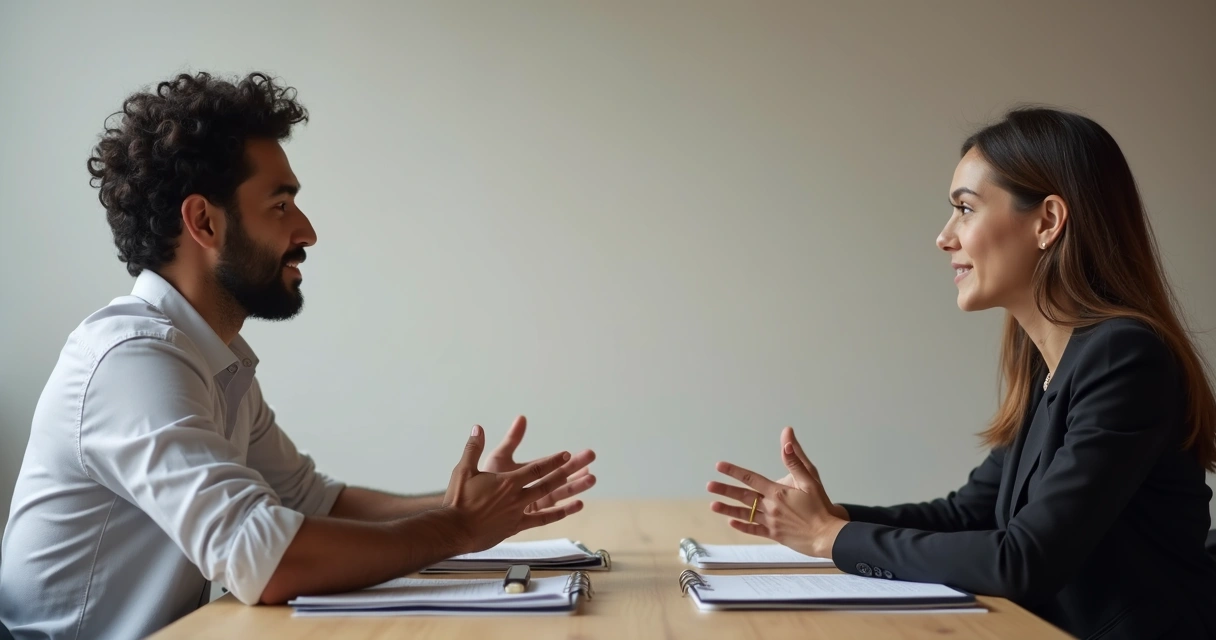 Duas pessoas em ambiente de trabalho conversando de forma respeitosa em volta de uma mesa 