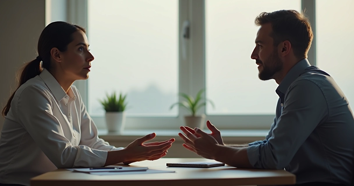 Dos personas dialogando, una pone la mano y la otra escucha con atención 