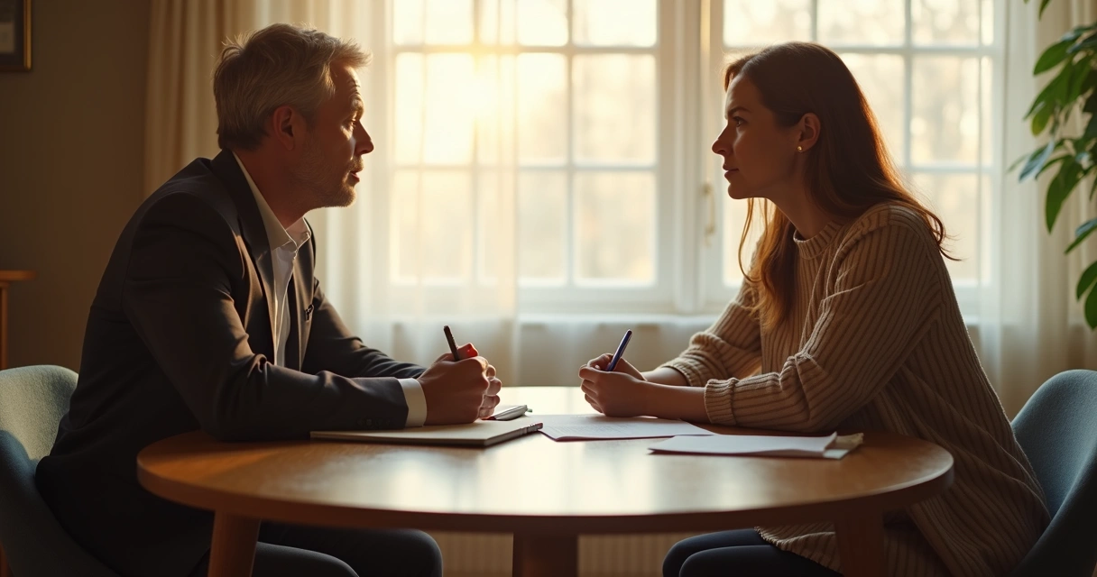 Dos personas conversando con respeto en una mesa redonda 