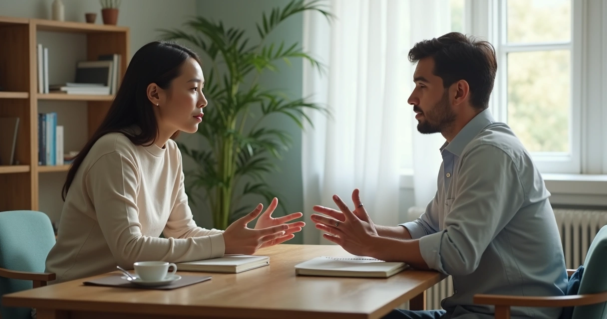 Dos personas conversando con calma frente a frente en una mesa sencilla 