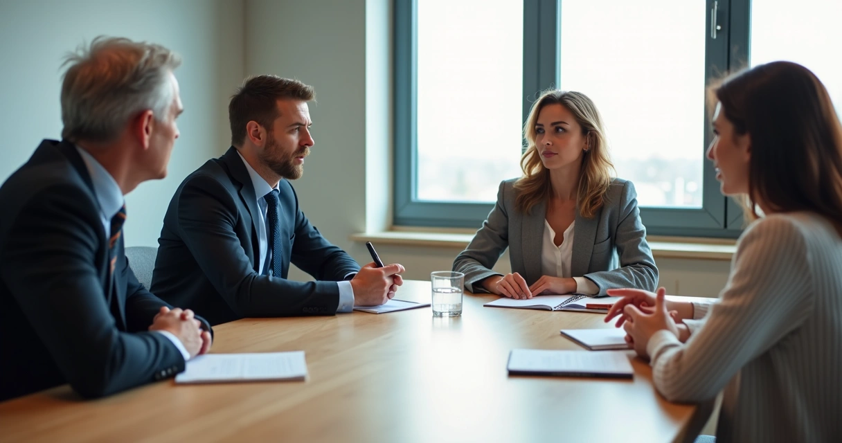 Equipo conversando con respeto en una mesa de trabajo