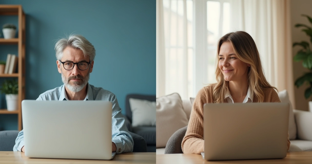 Dos personas dialogando con calma frente a pantallas en un entorno digital sereno 