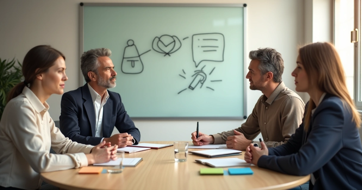 Personas dialogando con respeto en una mesa redonda con notas y símbolos de conexión 