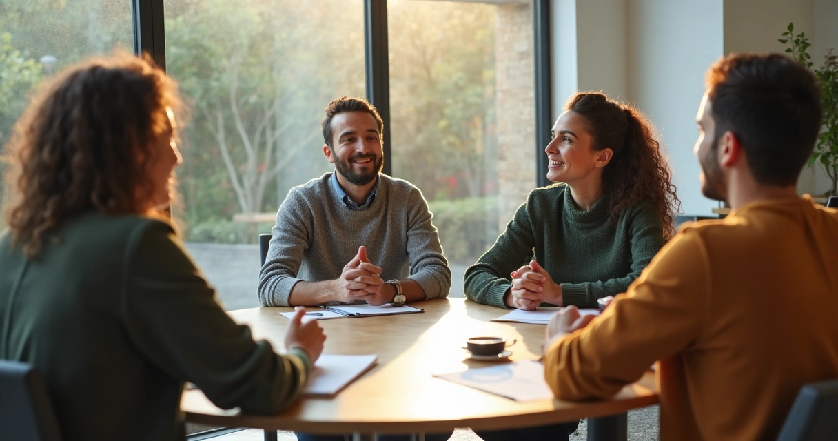 Personas dialogando con calma en una oficina multicultural 