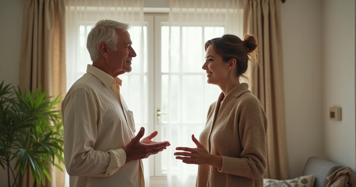 Dos personas de pie dialogando respetuosamente en un entorno tranquilo