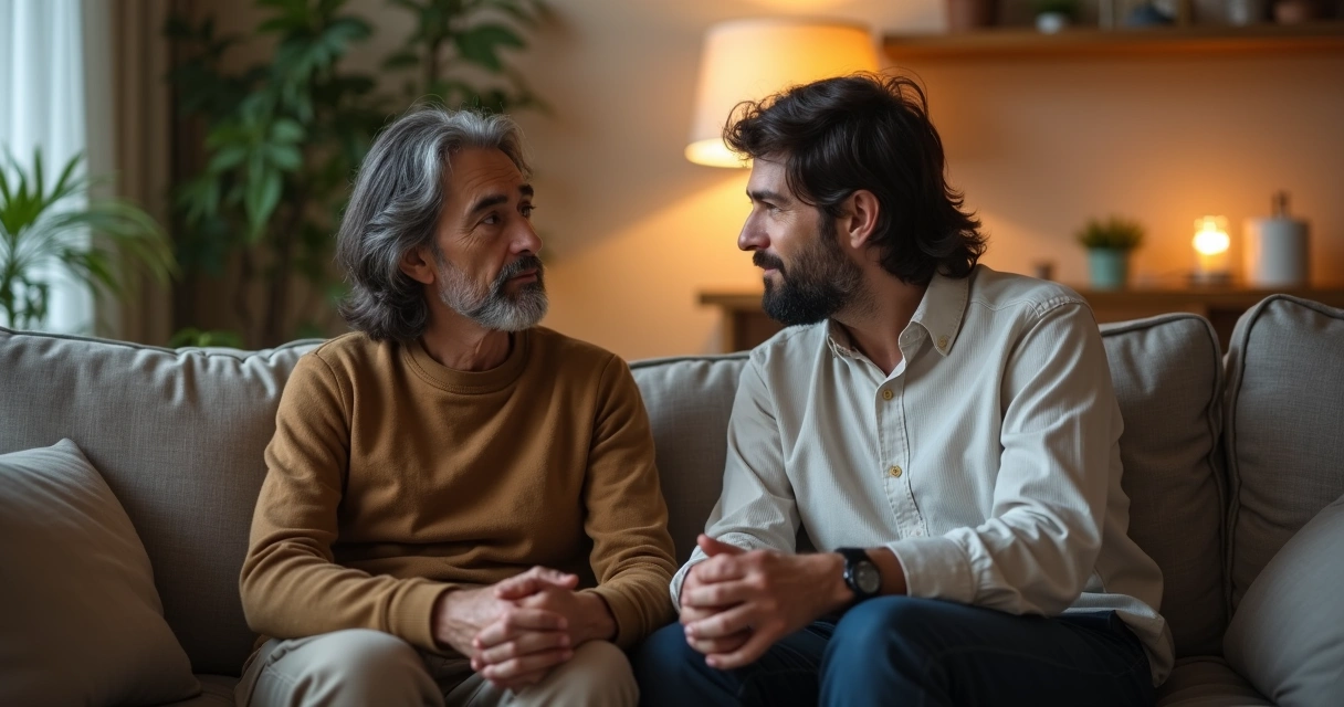 Dos personas conversando sinceramente en un sofá 