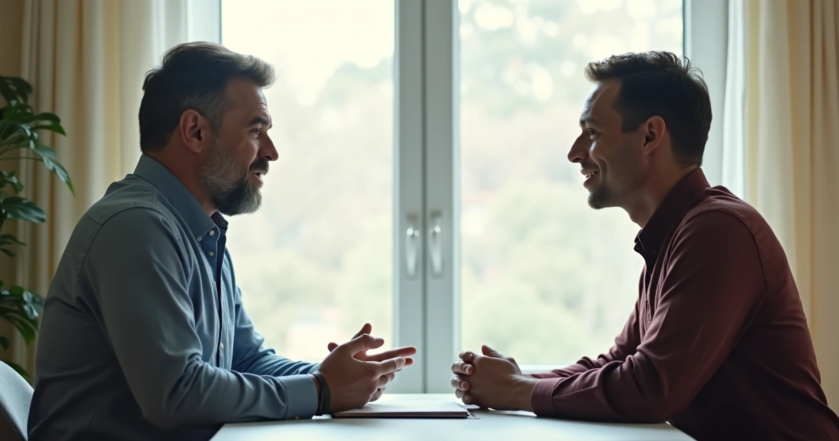 Duas pessoas em conversa respeitosa em ambiente neutro 
