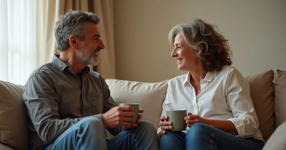 Duas pessoas conversando sentadas em um sofá com expressões atentas