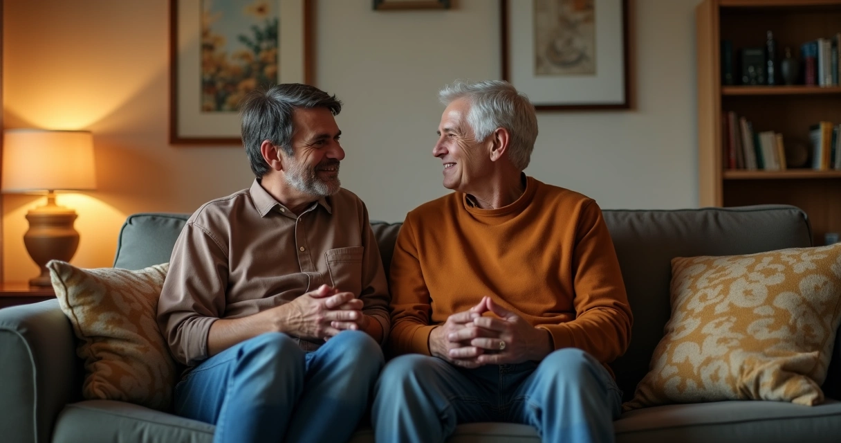 Dois adultos conversando de maneira tranquila em um sofá, com expressão aberta e respeitosa