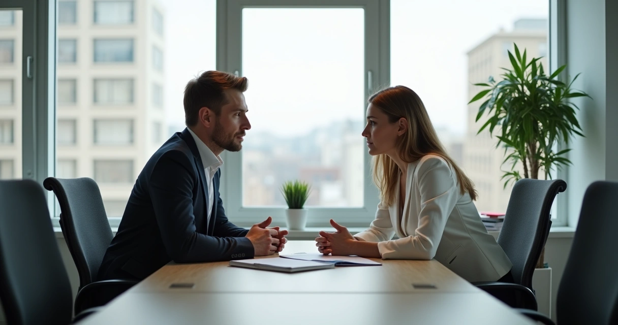 Dois colegas conversando sentados frente a frente, com semblantes atentos e postura receptiva