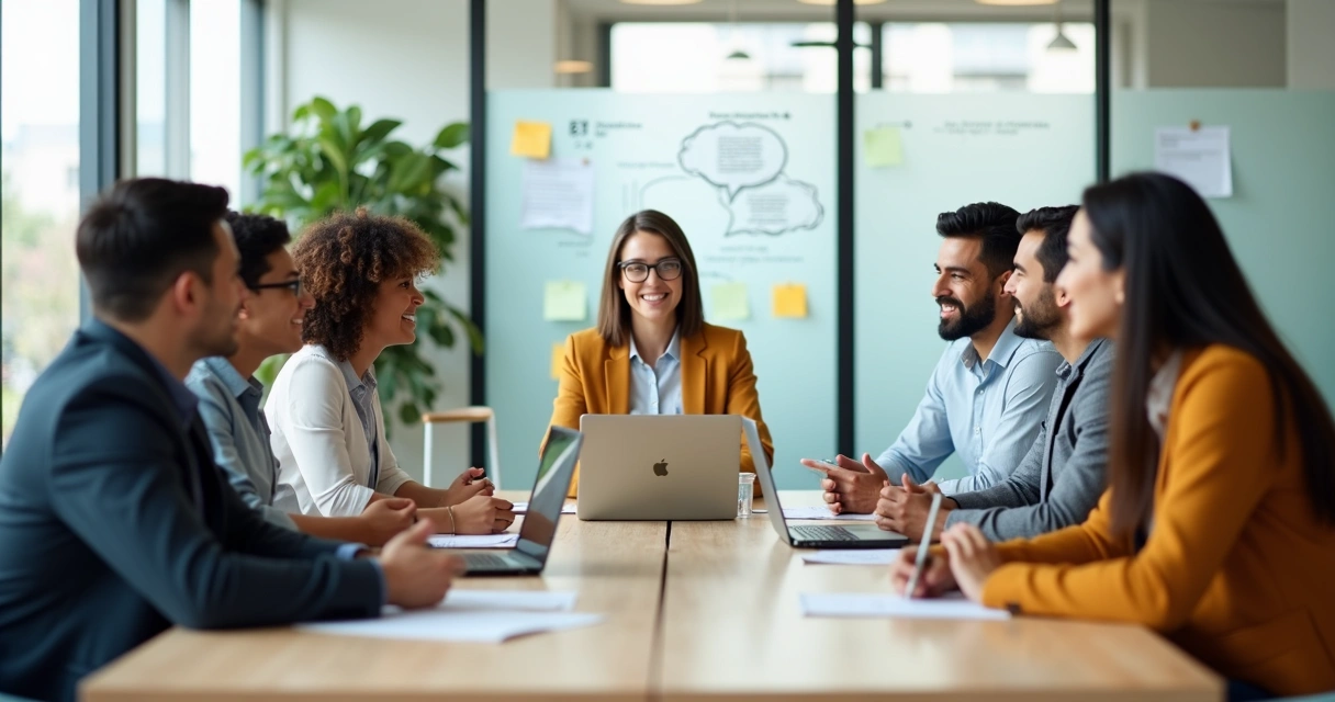 Equipe diversa em reunião de trabalho praticando diálogo responsável em círculo 