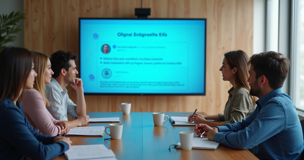 Grupo em reunião vendo tela com interações online