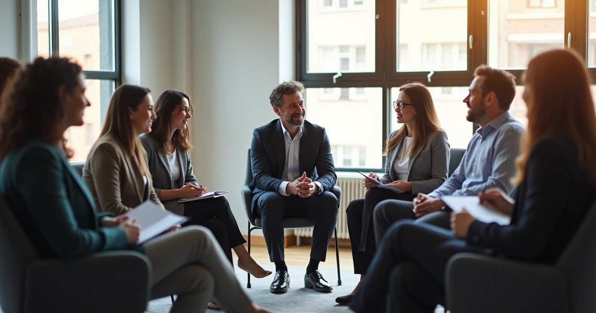 Reunião corporativa com equipe em círculo, conversando e anotando 