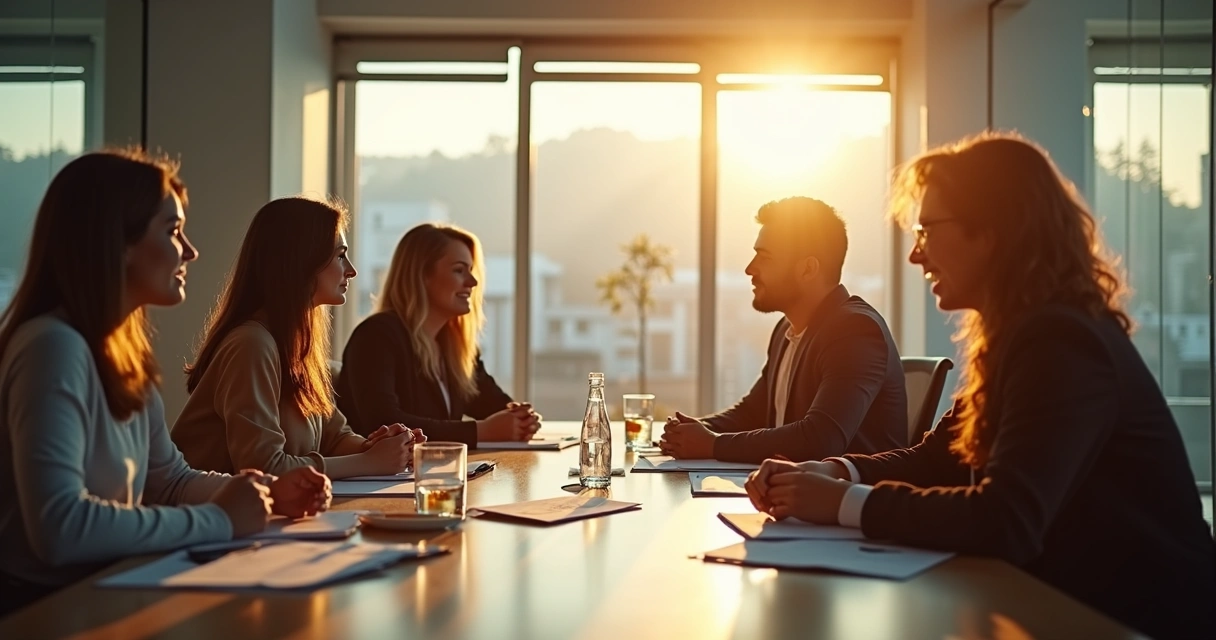 Grupo de pessoas em reunião de trabalho discutindo salários de forma colaborativa 