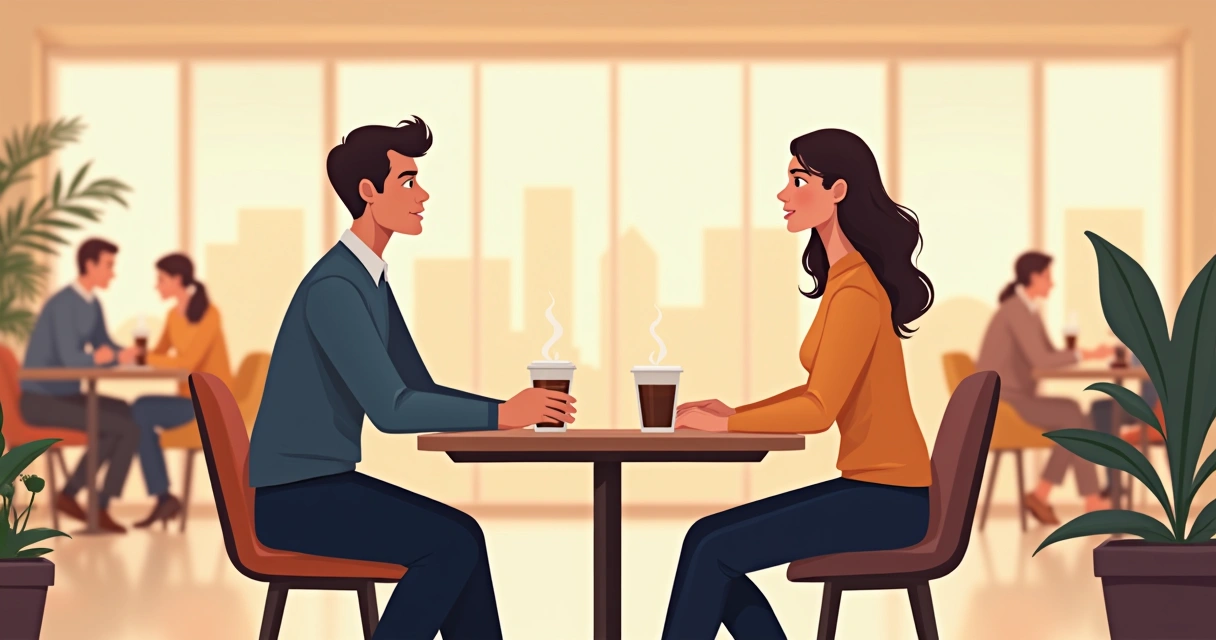 Dois colegas trocando ideias de forma positiva em um café corporativo