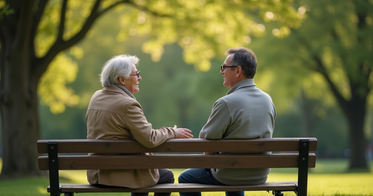 Duas pessoas conversando calmamente em um parque, sentadas em um banco de madeira, cercadas por árvores verdes e luz suave, expressando tranquilidade e respeito mútuo 