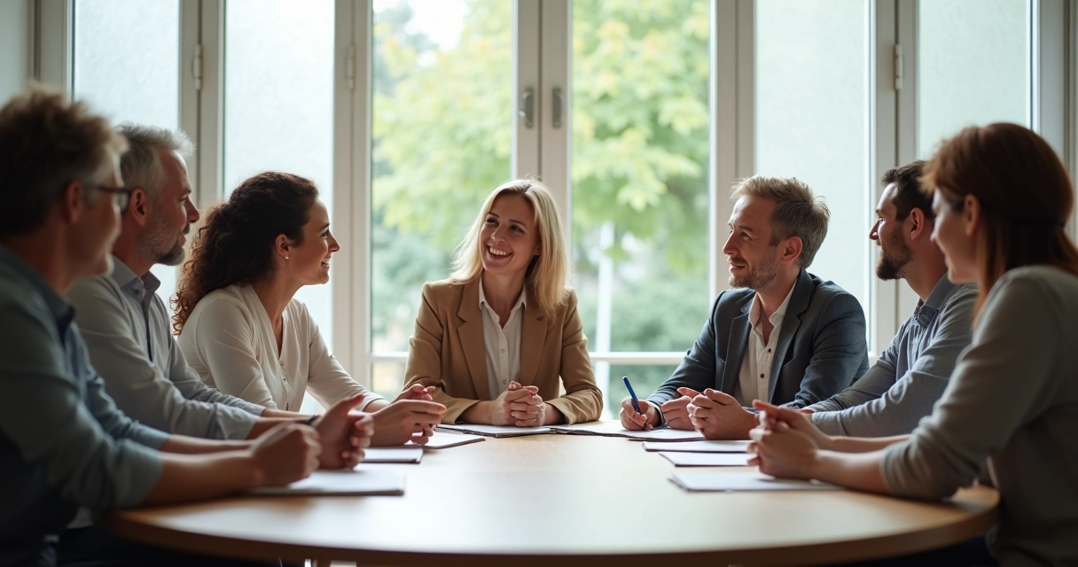 Grupo de pessoas de diferentes idades conversando em mesa redonda