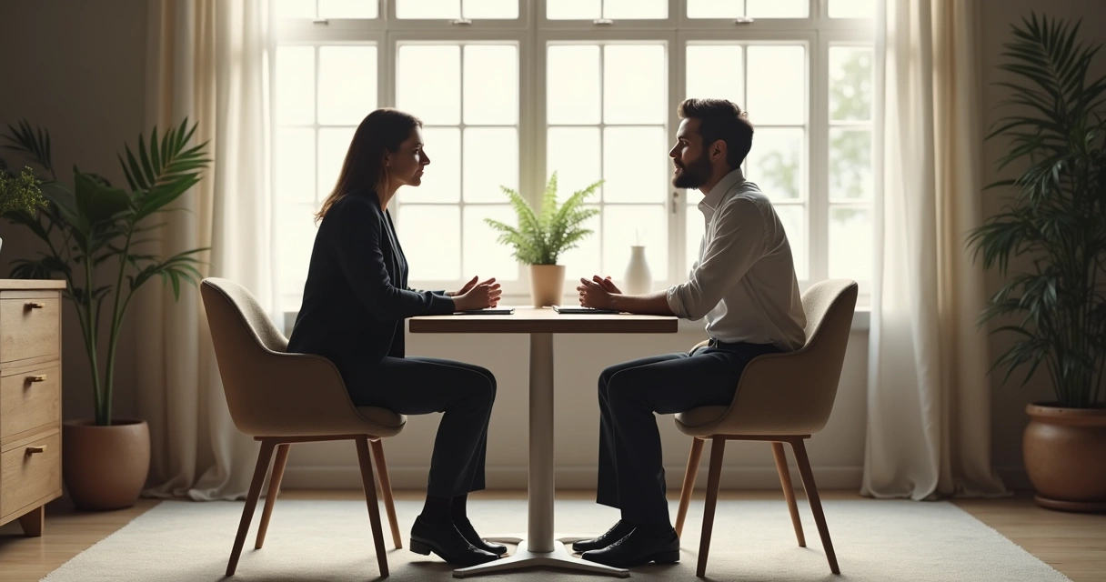 Duas pessoas conversando de forma respeitosa em ambiente de trabalho
