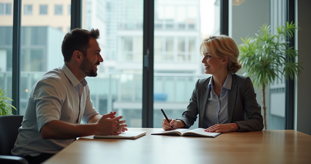 Duas pessoas conversando em ambiente corporativo, com expressão de escuta mútua 