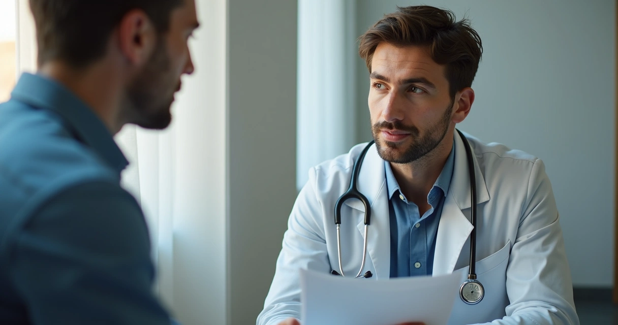 Homem jovem sendo orientado sobre saúde sexual por médico 