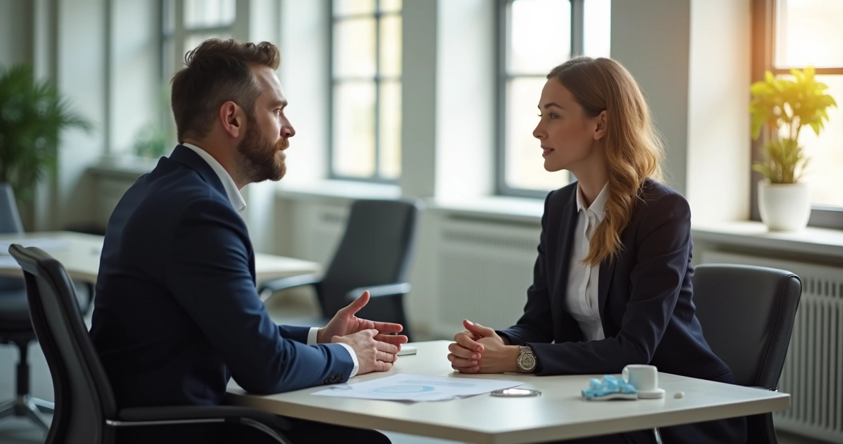Colegas em diálogo de feedback em ambiente corporativo 