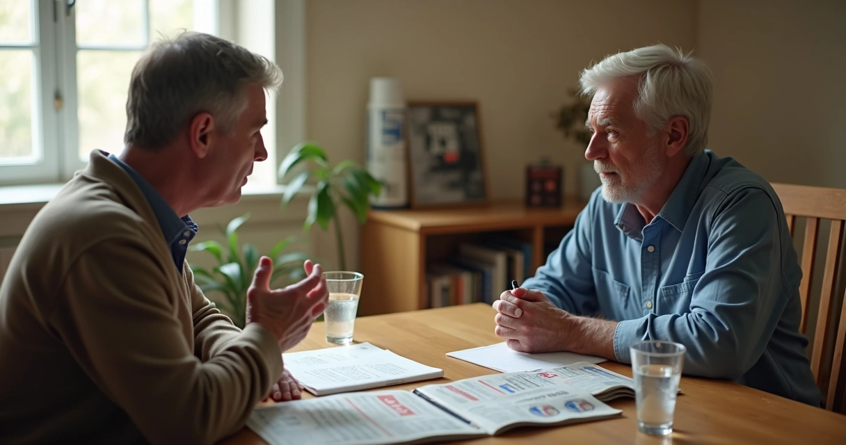 Dos personas conversando con calma en una mesa durante un contexto electoral 