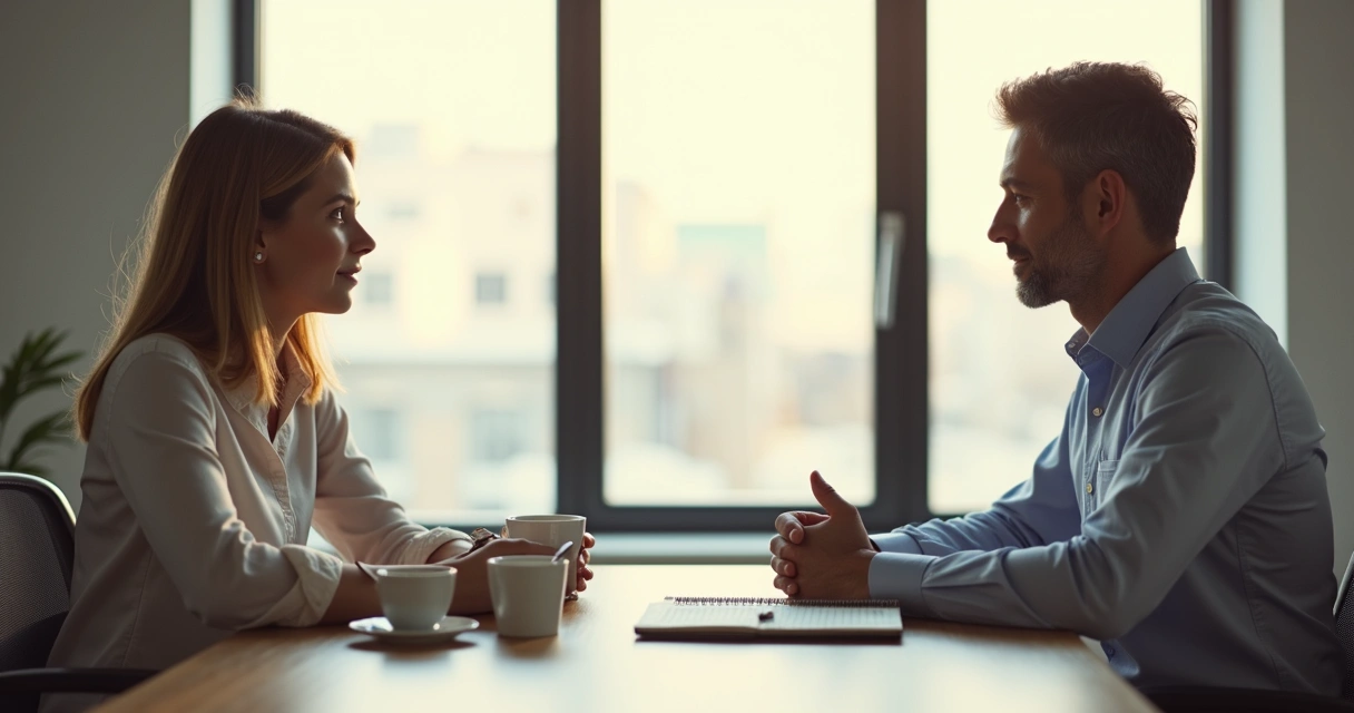 Dos personas conversando con calma en una oficina luminosa
