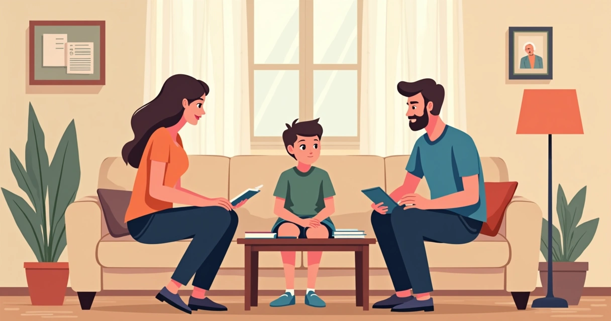 Família e adolescente conversando com terapeuta em ambiente acolhedor 