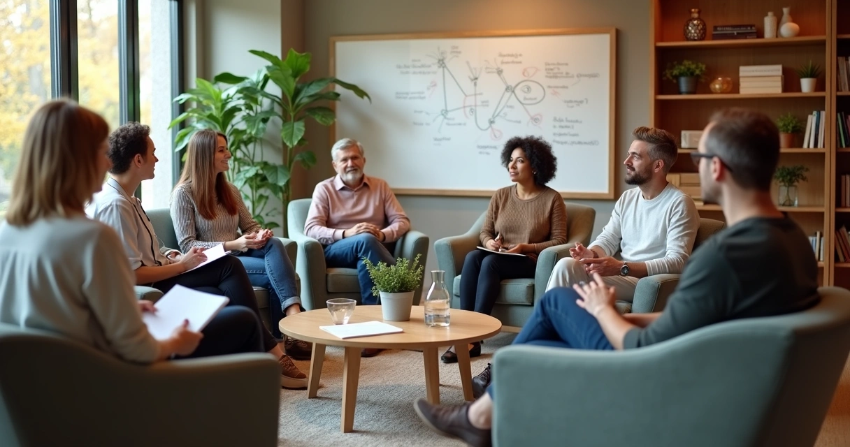 Grupo diverso em círculo conversando em ambiente calmo e acolhedor 