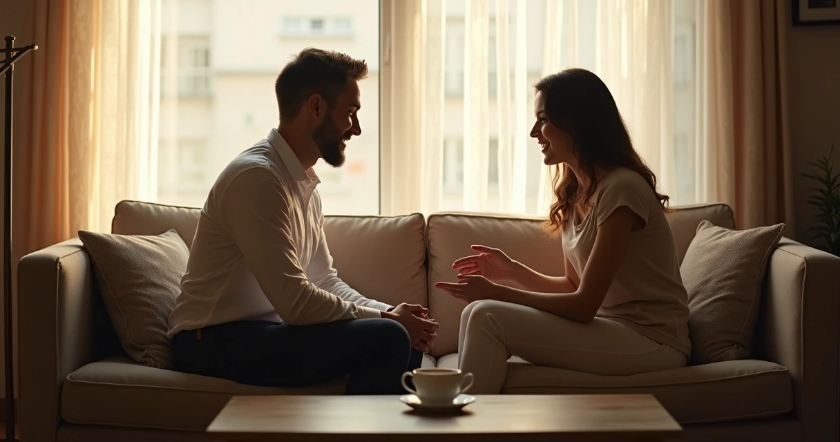 Casal conversando de forma aberta em um ambiente aconchegante.