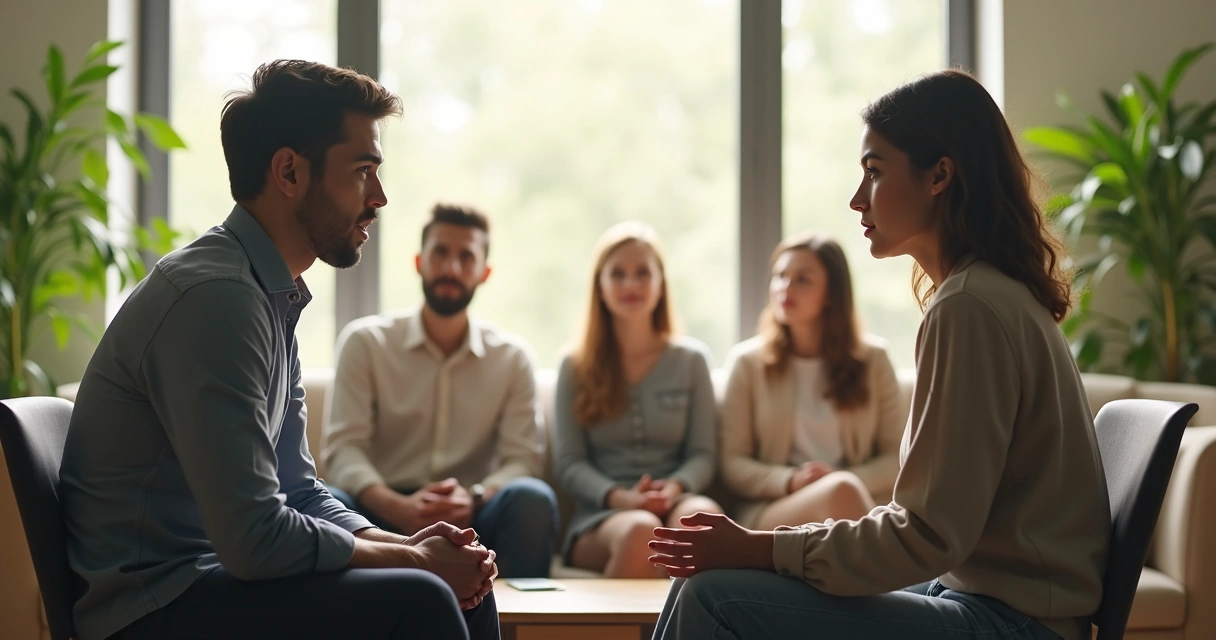 Duas pessoas sentadas frente a frente em uma sala iluminada, uma escutando atentamente a outra.