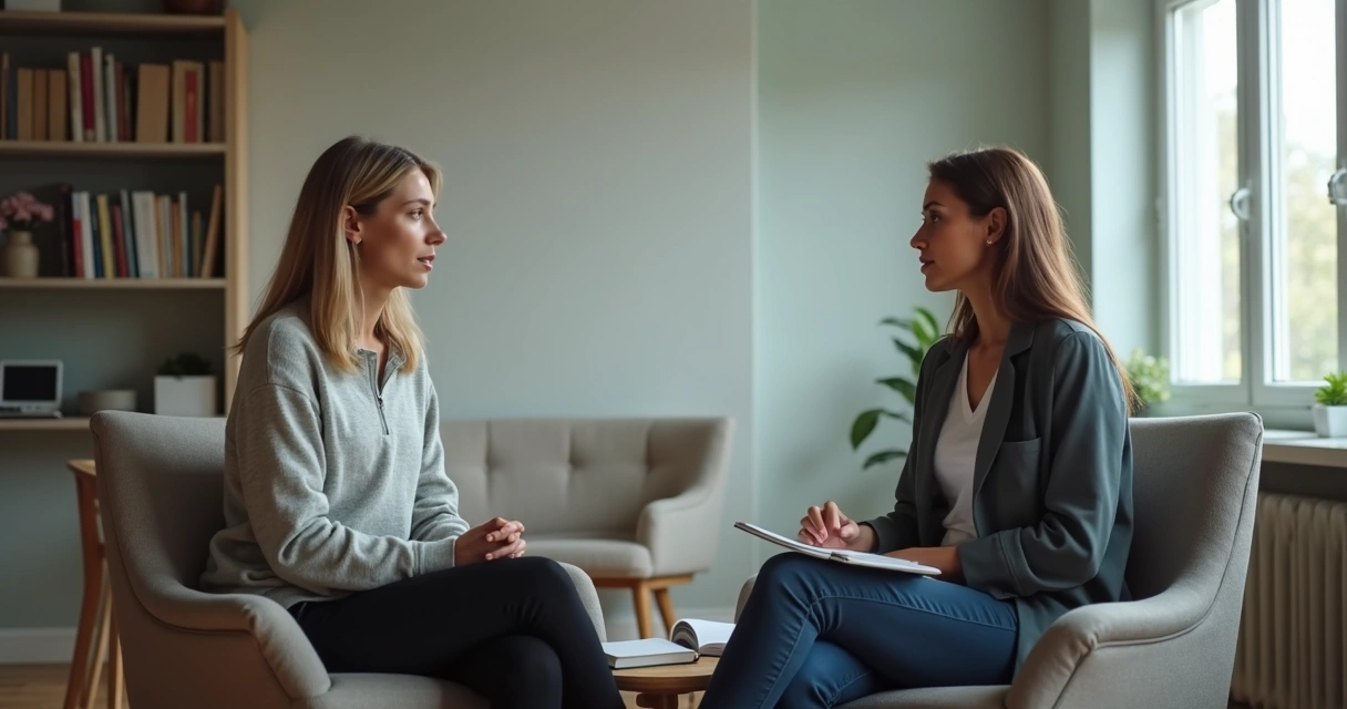 Dos personas conversando con gestos de escucha atenta en un entorno sobrio 