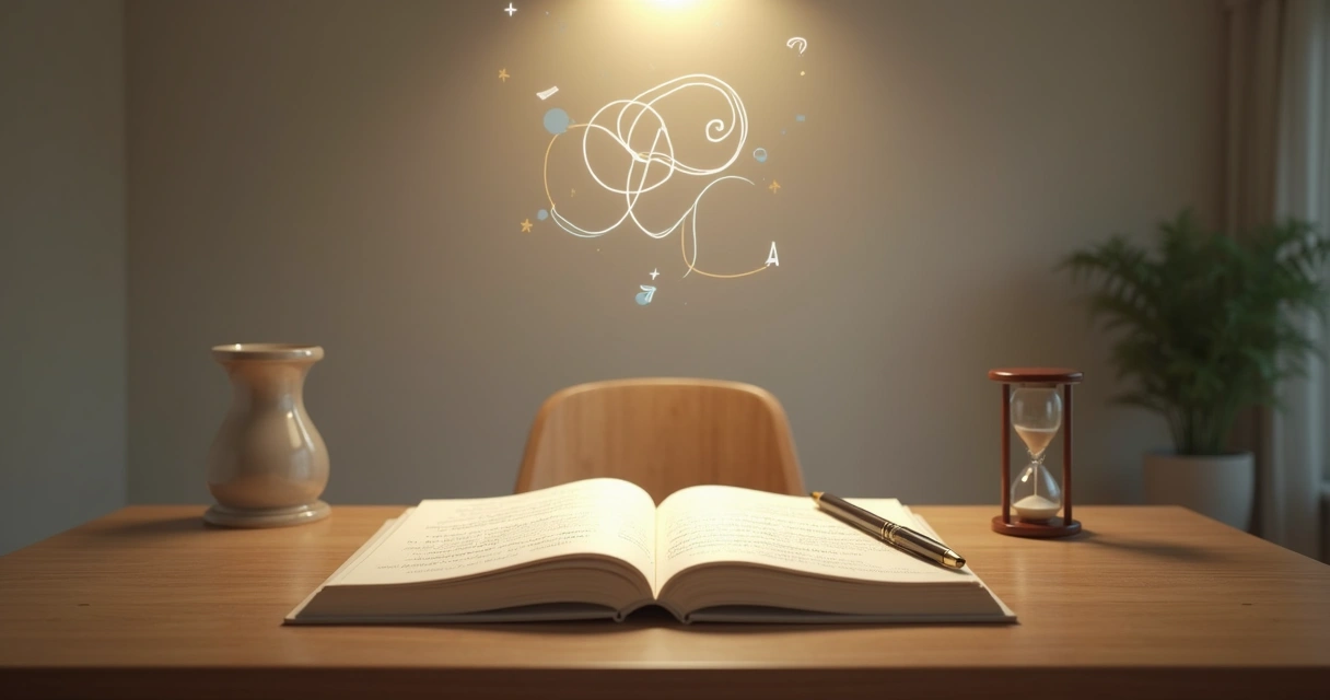 Persona escribiendo preguntas en un cuaderno iluminado rodeado de símbolos abstractos de pensamiento 