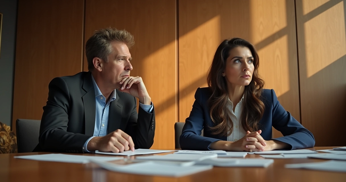 Duas pessoas conversando em uma sala, com sombras e luzes contrastantes 