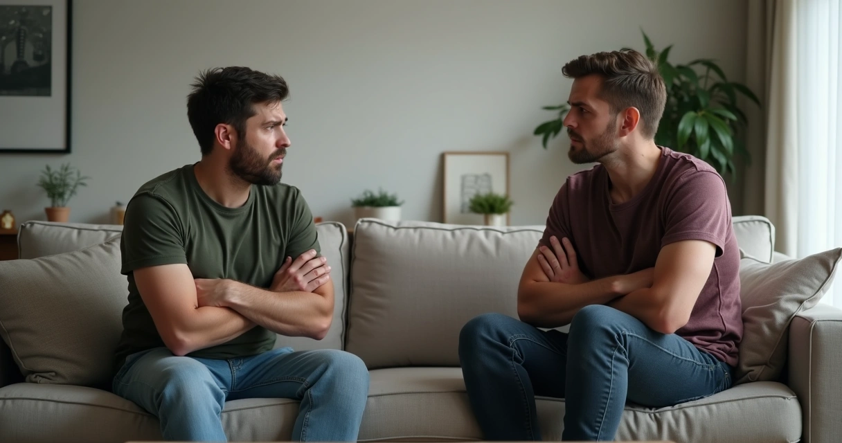 Amigos discutindo em sala de estar moderna 