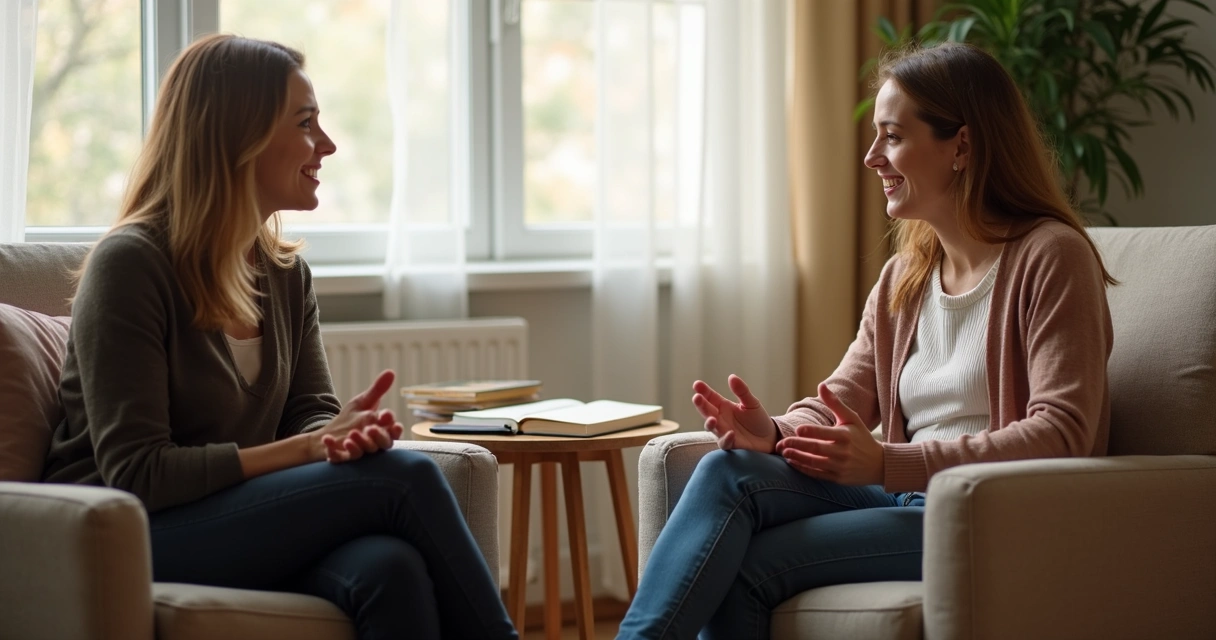 Duas pessoas conversando em ambiente terapêutico com bloco de notas 