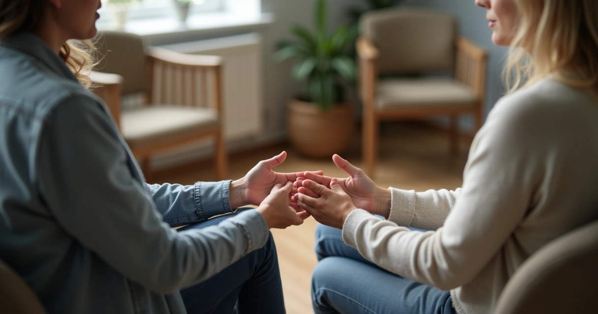 Duas pessoas sentadas em círculo em sessão terapêutica, foco nas mãos e expressões atentas 