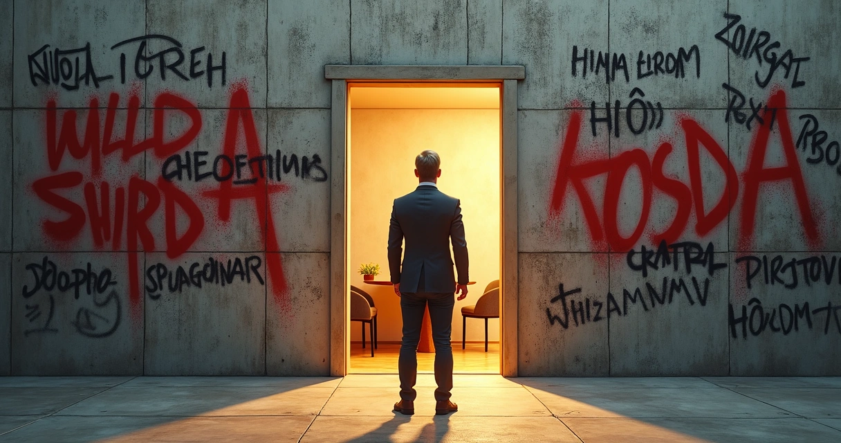 Pessoa diante de muro com palavras agressivas pintadas e abrindo porta para ambiente calmo 