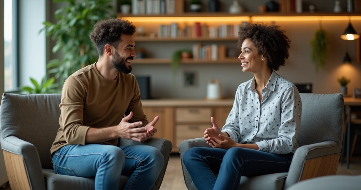 Dois colegas conversando lado a lado com expressão empática 