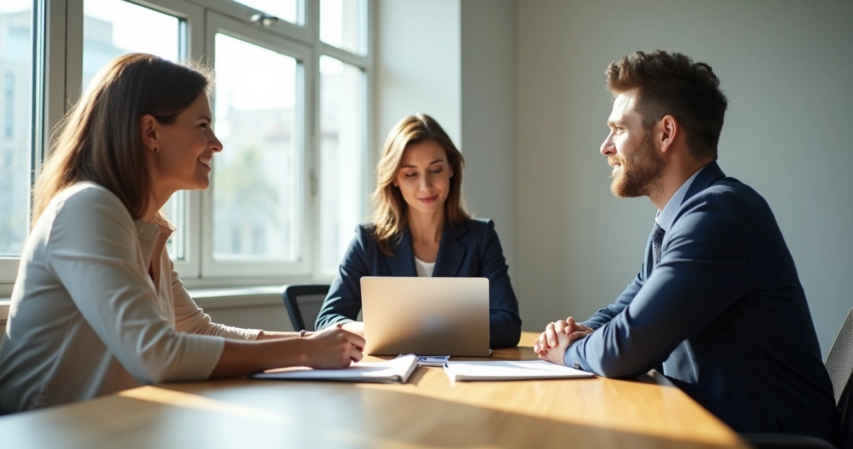 Três pessoas em uma mesa de reunião, uma delas com expressão desconfortável durante conversa 