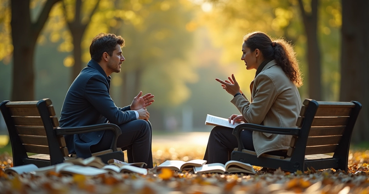 Duas pessoas conversando sentadas em um banco, com livros e papéis ao lado