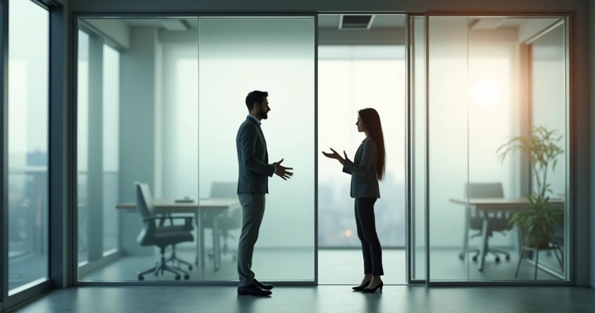Líder speak calm in glass meeting room while colega hesitant fica atrás de divisória semitransparente 