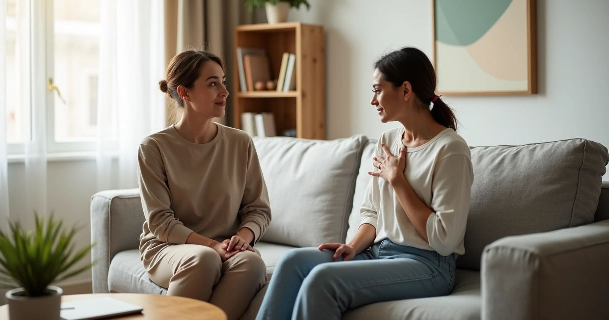 Casal sentado frente a frente em um sofá conversando com calma em sala iluminada 
