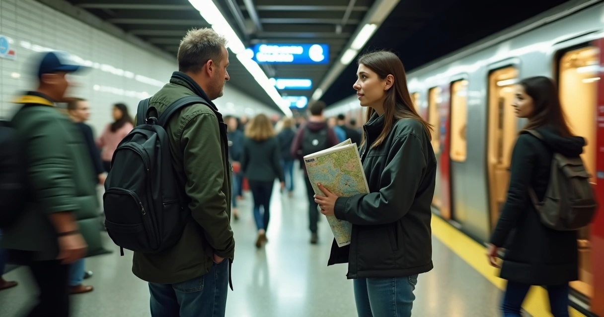 Duas pessoas conversando em pé em uma estação de metrô movimentada 
