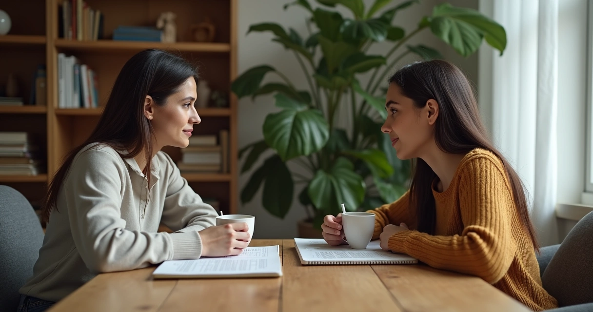 Duas pessoas sentadas frente a frente conversando atentas 