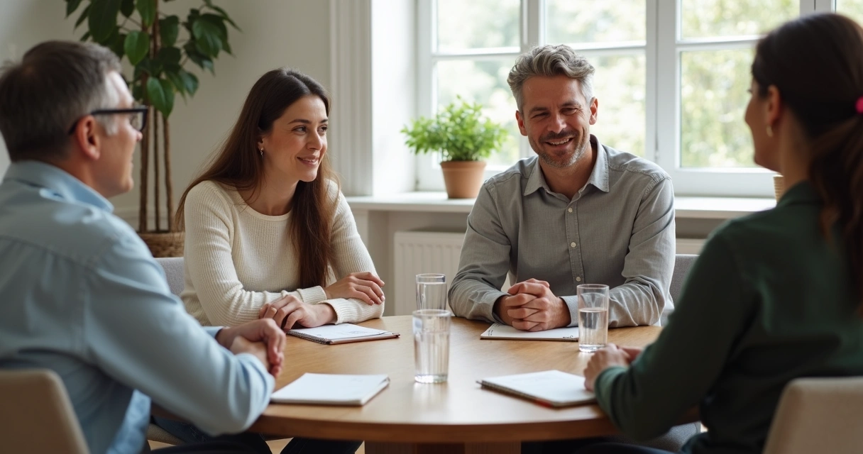 Personas sentadas dialogando y escuchando atentamente