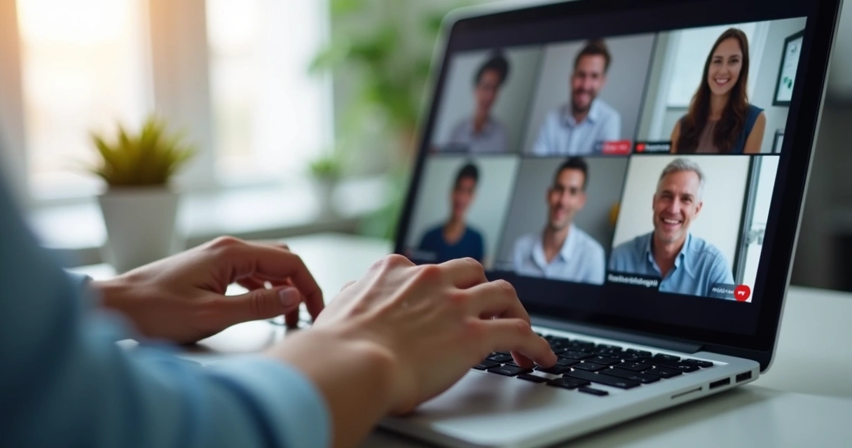 Pessoa digitando em notebook em conversa online com tela dividida com outros participantes 