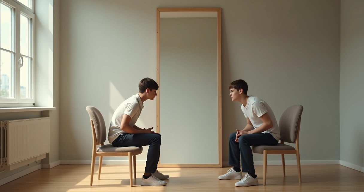 Persona sentada dialogando con una versión crítica de sí misma reflejada en un espejo 