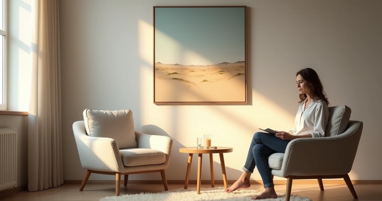 Persona reflexionando frente a una silla vacía en una sala tranquila 